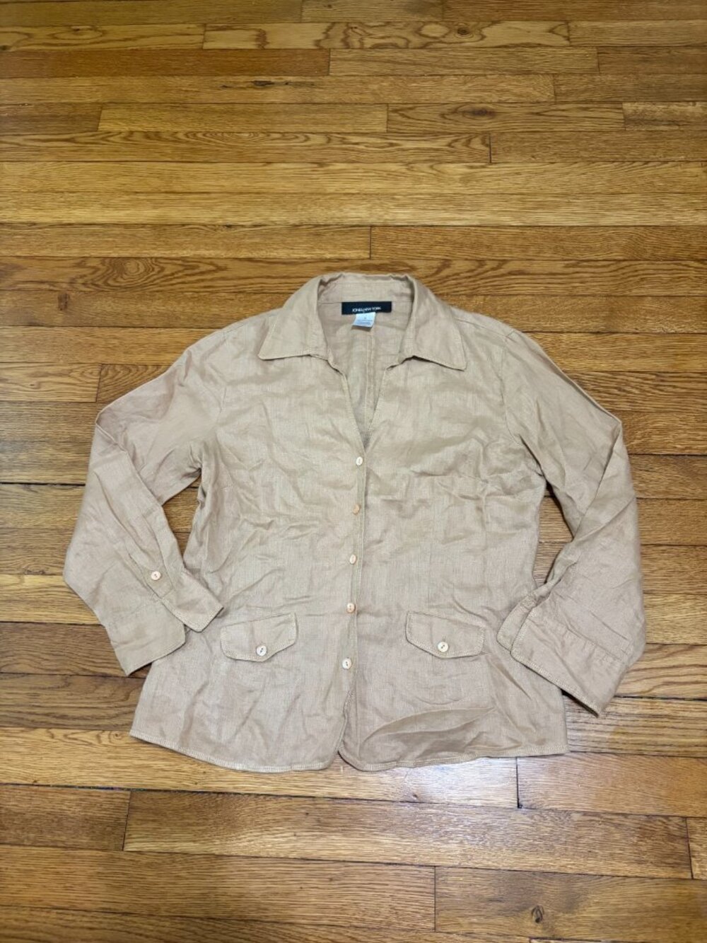 Jones New York Womens 100% Linen Shirt Jacket Size 4 Tan Long Sleeve Button Up